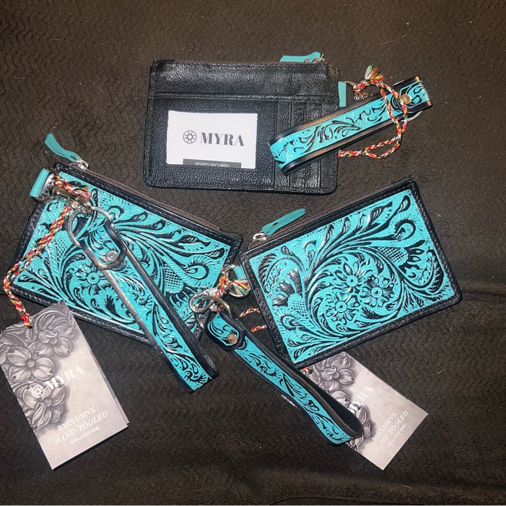 Myra Bag Turquoise Tooled Leather Wristlet set